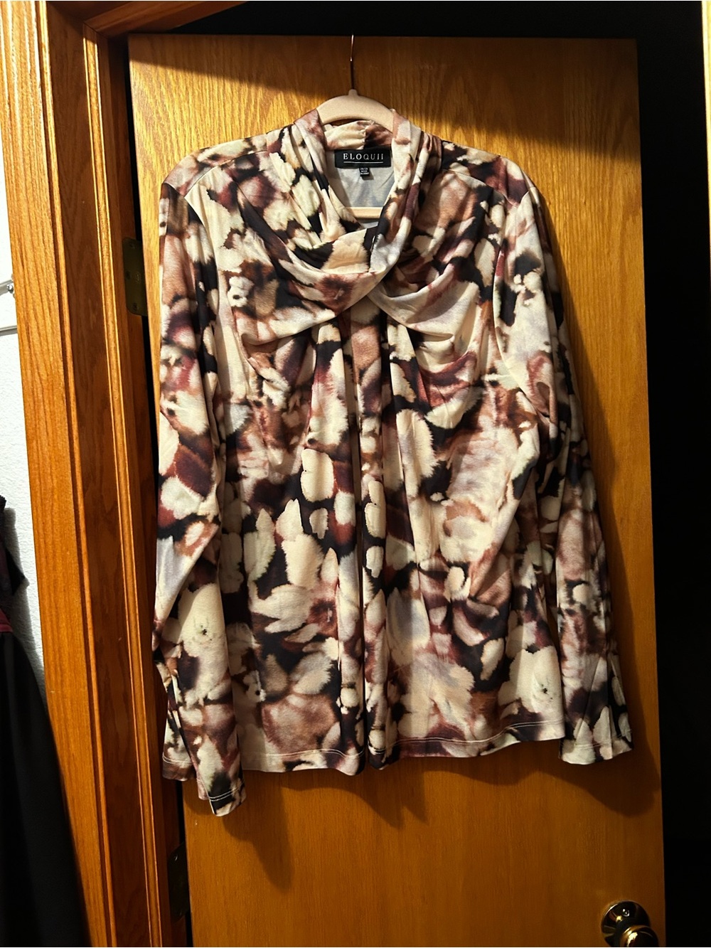 Eloquii Cream, Brown & Black Floral Cowl-Neck Long Sleeve Top